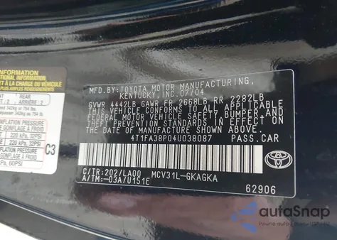 2004 Toyota Camry Solara Sle из США, поврежденный, VIN 4T1FA38P04U038087